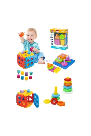 Eğitici Geometrik Şekiller Bulmaca + Eğitici Bultak Küp + Eğitici Halkalar Zeka Geliştirici Set