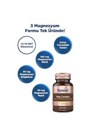Dynavit Mag Complex 60 Tablet 200mg Magnezyum Kompleks 3lü Form Malat-sitrat-bisglisinat -kas&kemik&enerji