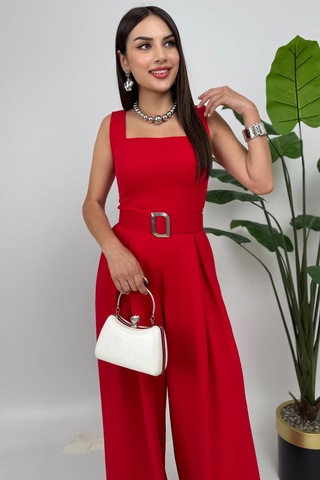Noir Flow Kadın Kırmızı Kemerli Askılı Bol Paça Tulum Zarif Şıklık Kırmızı