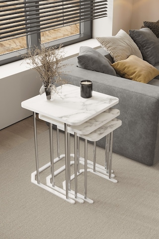 3' Lü Kare Zigon Sehpa Gümüş Ayak Beyaz Mermer Desen 18 Mm Mdf Gümüş - Beyaz Mermer