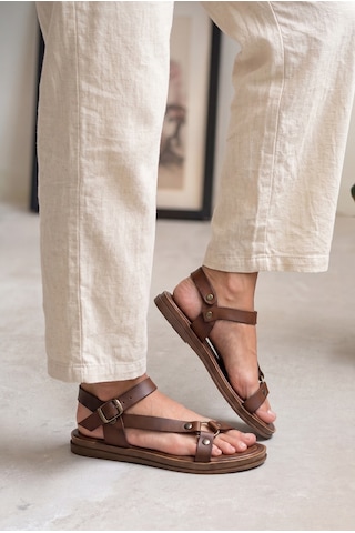 Giamgia Store Kadın Metal Halka Detaylı Çok Bantlı Rahat Düz Taban Günlük Kahverengi Sandalet Veyron11-2414
