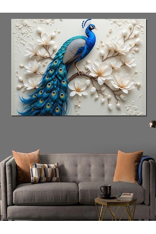 Beyaz Tavus Kuşu Kabartması Dekoratif Kanvas - Mdf Ahşap Tablo