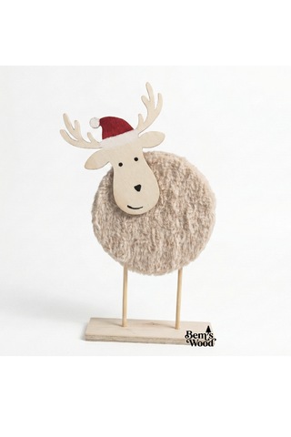 Sevimli Ahşap & Peluş Yılbaşı Geyiği Figürü - Noel Şapkalı Dekor Ahşap