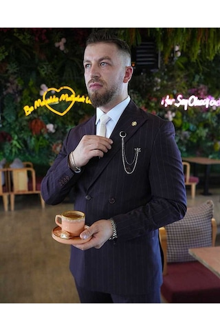 Bys Beystil Sivri Yaka Bordo Çizgili Kruvaze Takım Elbise 53151 - Slim Fit