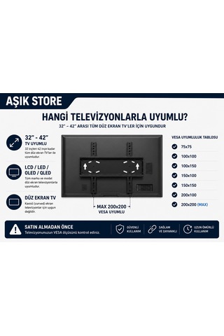 Sabit Tv Askı Aparatı 32-42 İnç Universal Tv Duvar Askısı Vesa 200x200 25 Kg Lcd Led Oled Qled Metal Gövde