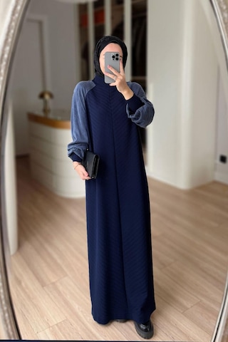 Kahijab Kendinden Desenli Yarım Balıkçı Merserize Elbise - Lacivert