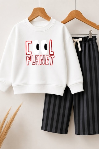 Monila Erkek Çocuk Ekru Baskılı Sweatshirt Ve Antrasit Eşofman Alt Üst Takım