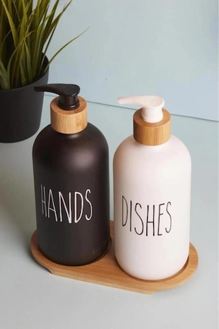 2 Li Siyah Beyaz Mutfak Sıvı Sabunluk Seti 500ml+500ml Bambu Standlı