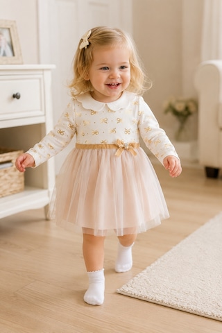 Babyhola Tül Etekli Kız Bebek Elbise Gold Varak Detaylı 15404 Sarı