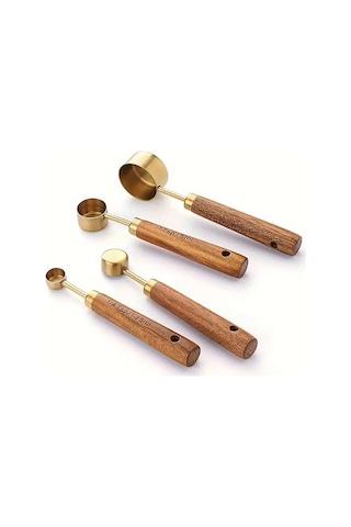Valkyrie 4 Adet Paslanmaz Çelik Ahşap Saplı Ölçü Kaşığı Seti Ölçü Kabı 15ml 5ml 2.5ml 1.25ml Altın