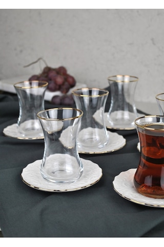 12 Parça Yaldızlı Cam Çay Takımı Porselen Çay Seti Çay Bardağı - Pera 6 Kişilik Şeffaf