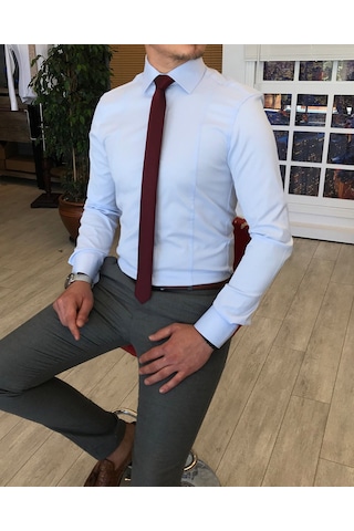 İtalyan Stil Slim Fit Saten Kravat Yaka Gömlek B Mavisi T4773 Buz Mavisi Buz Mavi