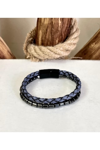 %100 Deri&hematit Erkek Bileklik Net 22cm Türk El Üretimi
