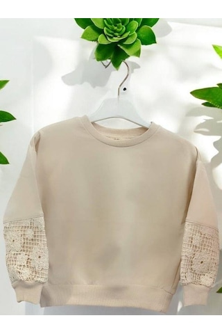 Kız Çocuk Pamuklu İki İplik Kolları Güpür Yuvarlak Yaka Sweatshirt-14464 Bej
