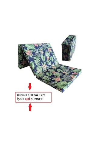 Katlanir Kamp Yataği Çadir Yataği 80x180 8 Cm Işbir Gri Kalin Sünger Yeşil Yaprak Mavi - Yeşil