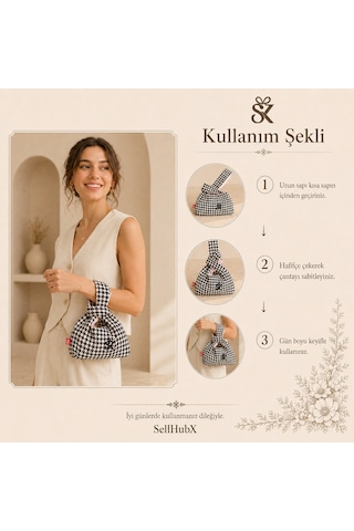 Sellhubx Kore Japon Stil El Yapımı Kısa Saplı Bilek Çantası, Kawaii Desenli Astarlı Kumaş Kadın El Çantası 22 16 Cm Lacivert Beyaz Kaz Ayağı Siyah -Beyaz