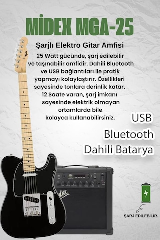 Midex TLX - 50BK - 25AMP Tele Kasa Maple Klavye 2 Single - Coil 25W Amfili Elektro Gitar