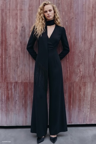 Sateen Püskül Fularlı Krep Tulum - Siyah-138061