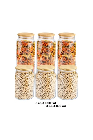 Zone 6'lı 800ml Ve 1300ml Cam Saklama Kabı Seti Bambu - Şeffaf
