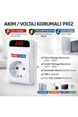 Protex-r Dijital Voltaj Koruyucu Priz - Ayarlanabilir Alt/üst Limit 140v-280v , 16a Akım Korumalı Priz, 5 Sn / 3 Dakika Gecikme Seçenekli, Led Ekranlı Kombi, Buzdolabı Ve Tv Koruyucu 1