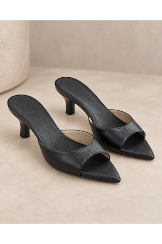Yeo-leather Siyah Hakiki Deri Önü Açık Sivri Burun Kadın Topuklu Terlik/sandalet 5cm