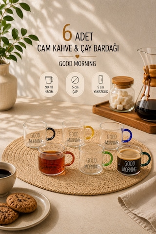 Good Morning 6'lı Borosilikat Cam Kahve Ve Çay Bardağı Seti 90 Ml Renkli Kulplu 6 Adet Çok renkli