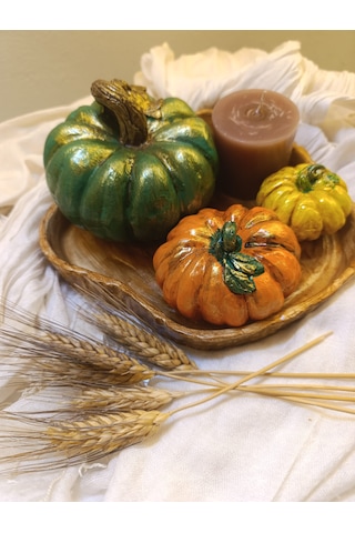 Kabak Figürlü Dekor Seti Doğal Masa Süsleri-kabak & Mum Seti-biblo Dekoratif Tepsili Set B Boy Yeşil Tepsili Set