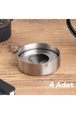 Porsima 4'lü Te-136 Paslanmaz Çelik Metal Kül Tablası - Kapaklı Rüzgar Geçirmez Küllük
