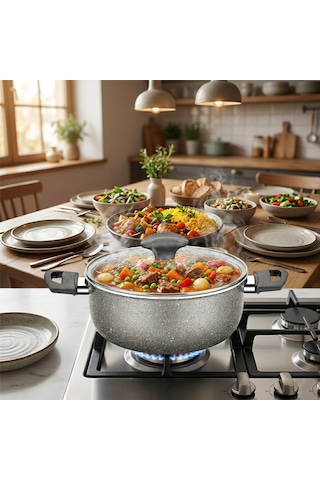 Papilla Fred 24 Cm Derin Granit Tencere - Cam Kapaklı Gri Kırçıllı Brkt-705663- 6'li Paket Diğer