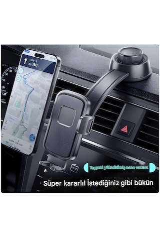 Cepini At-04 Araç Telefon Tutucu Güçlü Vantuzlu, 180 Katlanabilir Kol, 360 Dönebilir Braket Siyah