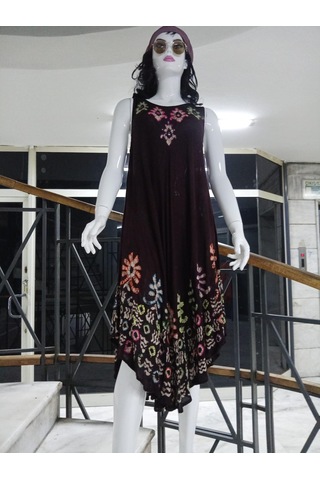 Sıfır Kol Yuvarlak Yaka Batik Desenli Elbise-9701 Yeşil