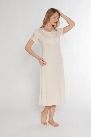 Klasik Dantel Detaylı Kısa Kollu Şık Zarif Gecelik Flz 38-30 Bej