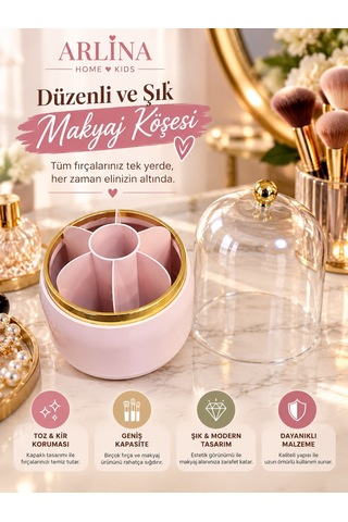 7 Bölmeli Kapaklı Pembe Makyaj Fırçası Ve Kozmetik Organizeri