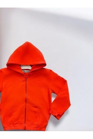 Kız Çocuk Fermuarlı Kapüşonlu Hırka-14376 Turuncu
