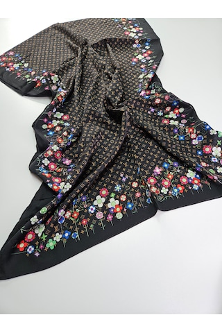 Miorel Scarfs Lv Desen Çiçekli İthal Vual İpek Şal Aksesuar Fular Silk Scarfs Shawl Hijab Kahverengi