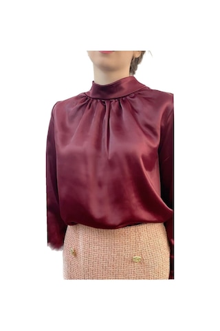 Mois Atelier Bordo Saten Büzgülü Bluz Gömlek Tasarım Büyük Beden Tesettür Bordo