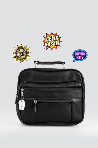 Westbag Erkek Siyah Yatay Model Çelik Kasalı Hakiki Deri El Ve Omuz Çantası Büyük Boy