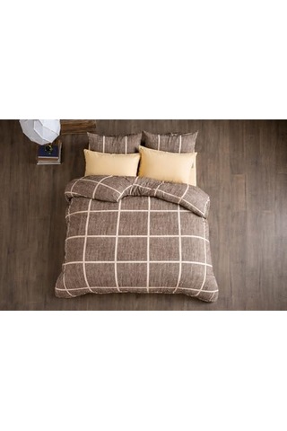 Lüks%80 Pamuklu Çift Kişilik Nevresim Takımı Seti Yorgan Kılıfı Love Kalp Desen 200x220 Cm + Lastikli Battal Boy Çarşaf 180x200x30 Cm +2 Yastık Kılıflı 50x70 Cm Kahverengi, Kareli Diğer