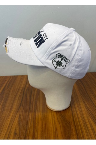 Boston Nakışlı Eskitme Vintage Model Pamuklu Cap Şapka Beyaz