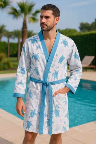 Baskılı Müslin Kimono Bornoz Unisex %100 Pamuk Yumuşacık 2 Katlı Doğal Kumaş - Ztmbb10 Mavi
