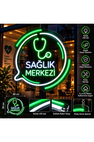 Sağlık Merkezi Neon Led Tabela Klinik Muayenehane Poliklinik Işıklı Pleksi Tabela