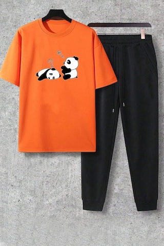 Uyguntarz Unisex Beyaz Fs Baskılı Siyah Kargo Eşofman Takımı Turuncu
