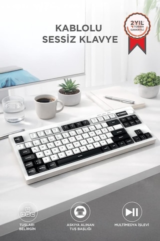 Kablolu Klavye Rgb Işıklı Sessiz Q Klavye Tk12 Siyah Beyaz Aydınlatmalı Çalışma Alanı Masa