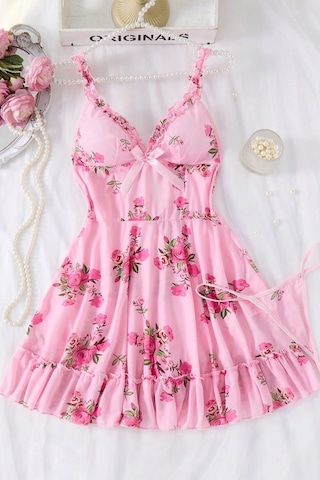 Bella Notte Pembe Gül Desenli Fırfır Askılı Fiyonk Detaylı Mini Gecelik