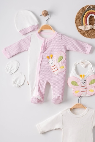 Peruflic Kelebek Nakışlı Puanlı Tulumlu % 100 Pamuk Kız Bebek 5'li Set 0-3 Ay