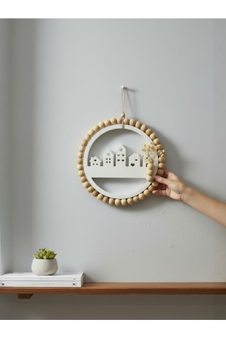 Ahşap Boncuklu Minimalist Bohem Duvar Askısı, Dekoratif Çelenk
