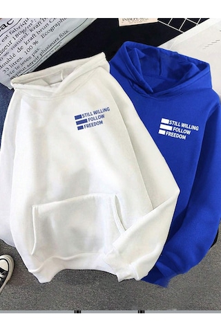 2'li Still Freedom Kalın Kışlık Sweatshirt - Beyaz Sax Mavi Baskılı Oversize Kapüşonlu Beyaz Sax Mavi