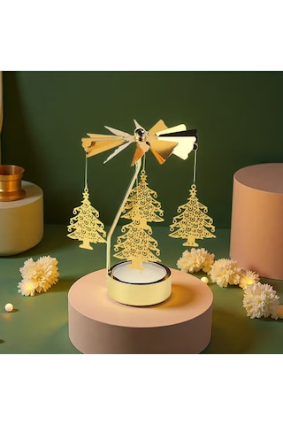 Çam Ağacı Temalı Tealight Mumluk Dekoratif Masa Üstü Aksesuar Gold