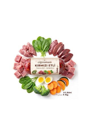 Kırmızı Etli Tahılsız Sebzeli Barf Köpek Maması 8 Kg - 500 G X 16