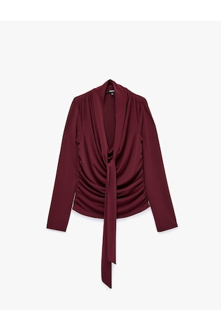 Koton Slim Fit Uzun Kollu Şal Detaylı Drapeli Degaje Yaka Bluz Bordo 7wak10009pk
